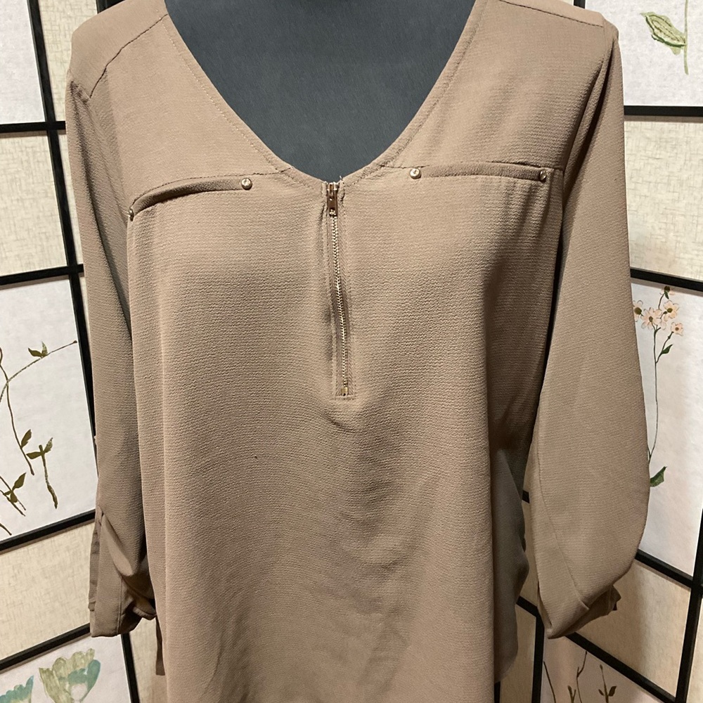 Simply Emma Taupe Blouse with Elegant Zipper